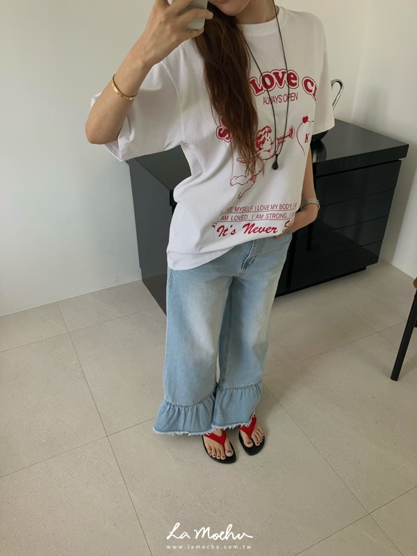 不收邊褲腳荷葉牛仔褲